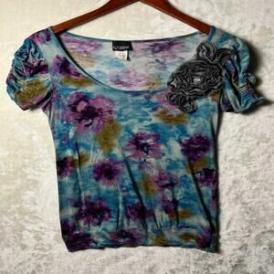 VTG 90's Grunge Cute Floral T-Shirt Women's M Tie Dye Ruche Sleeves Whimsigoth